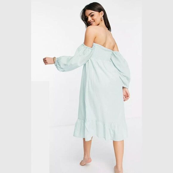 Accessorize London - Cotton/Linen Balloon Sleeve Powder Blue Dress - Picture 4 of 9